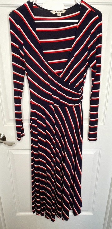 Boden Dresses & Skirts - Boden Women's Faux Wrap Midi Dress 6R Navy Stripe Stretch Marine Preppy Coastal